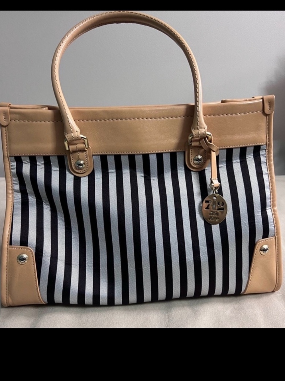 Henri Bendel Striped Leather-Trimmed Tote Iconic 712 5th Ave Collection 2014 EUC